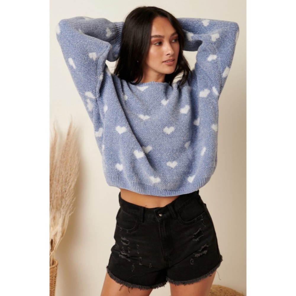SOLD OUT Dusty Blue Heart Print Valentines Day Knit Drop Shoulder Knit Sweater - Picture 1 of 5